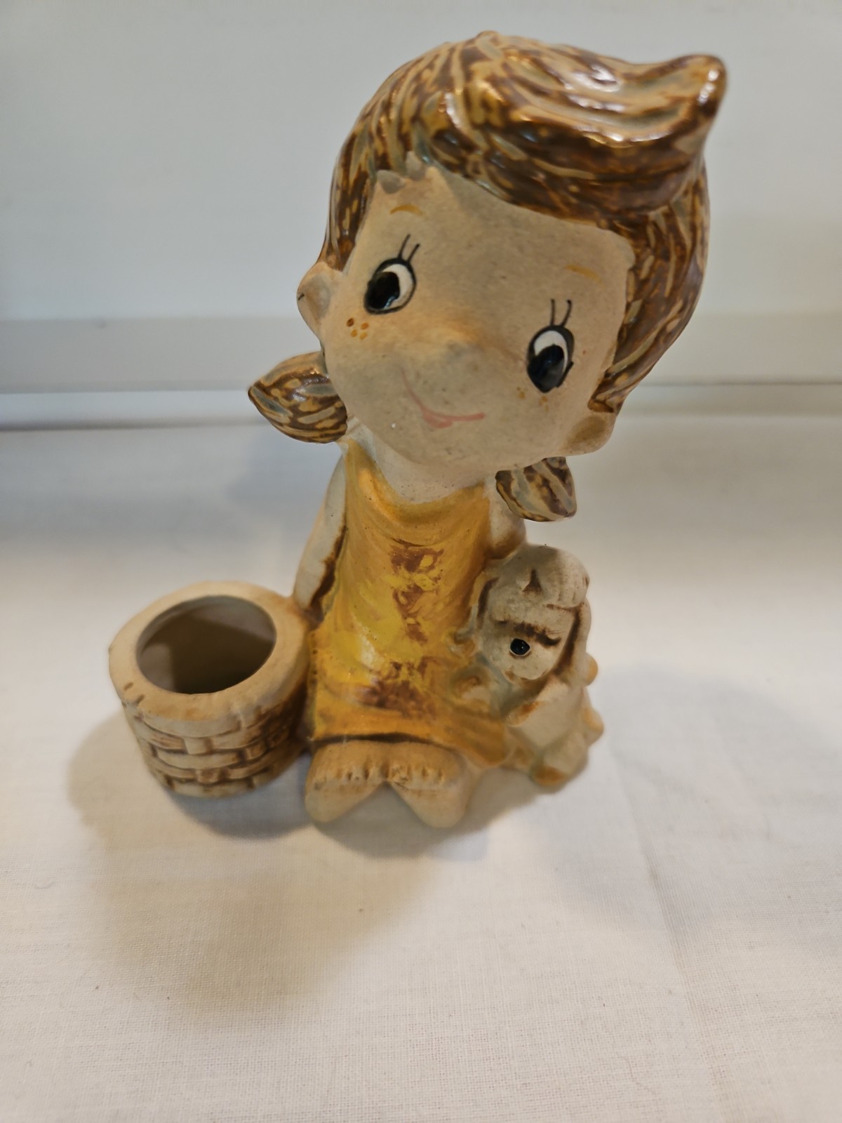 Vtg  Ceramic Big Eyed Girl Figurine with Poodle & Basket Planter Japan La Design