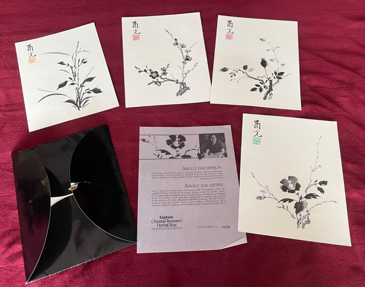 Vtg rare 80s Lipton Oriental Treasures Art Print Set of 4 8x10 Terry Y Mo Sumi-e