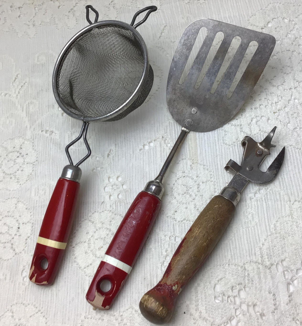 Lot/3 vintage red painted wooden handles EKCO Spatula, can punch, colander