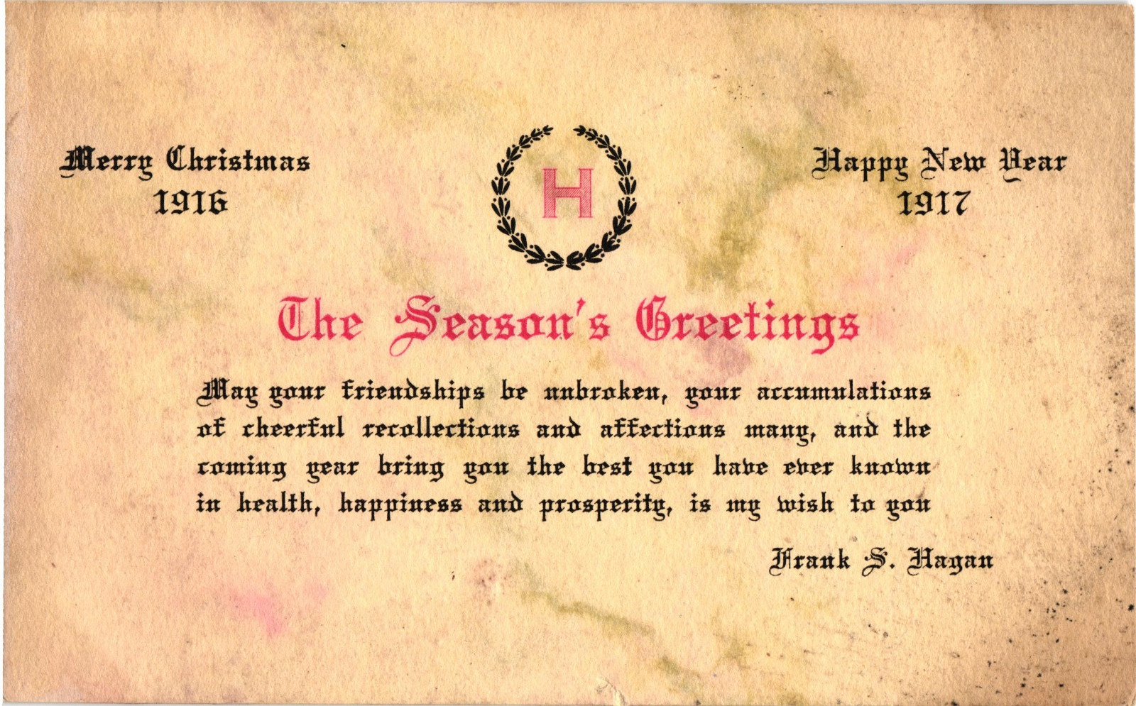 1916–1917 Antique Christmas Greeting Card Seasons Greetings Text
