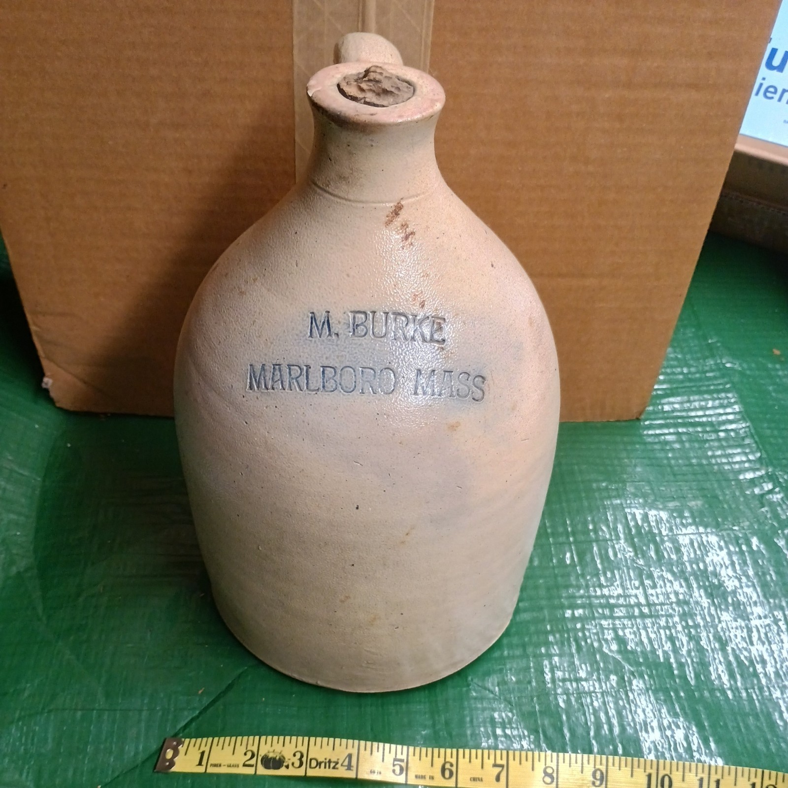 EXTREMELY RARE Antique M. BURKE Whiskey Distillery Stoneware Jug MARLBORO,MASS.
