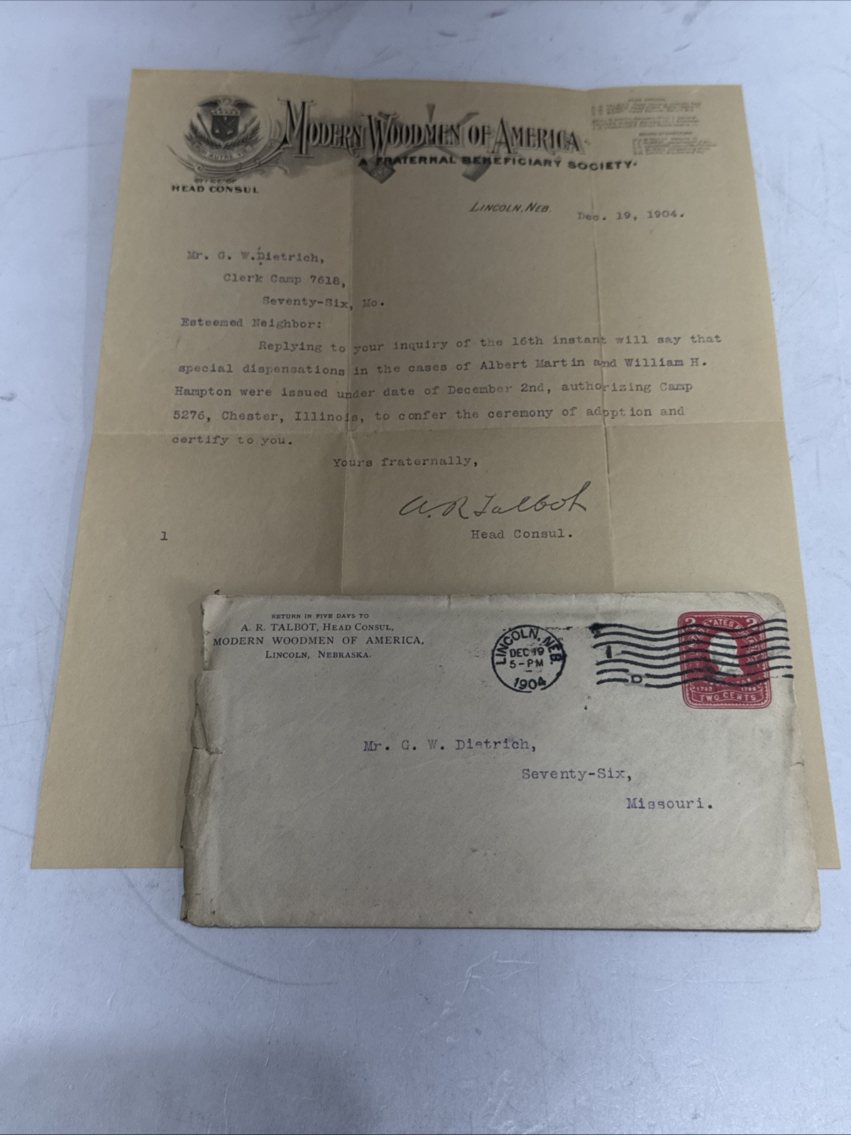 MODERN WOODMEN OF AMERICA Dec 19 1904 Letter With Envelope Antique Lincoln NE