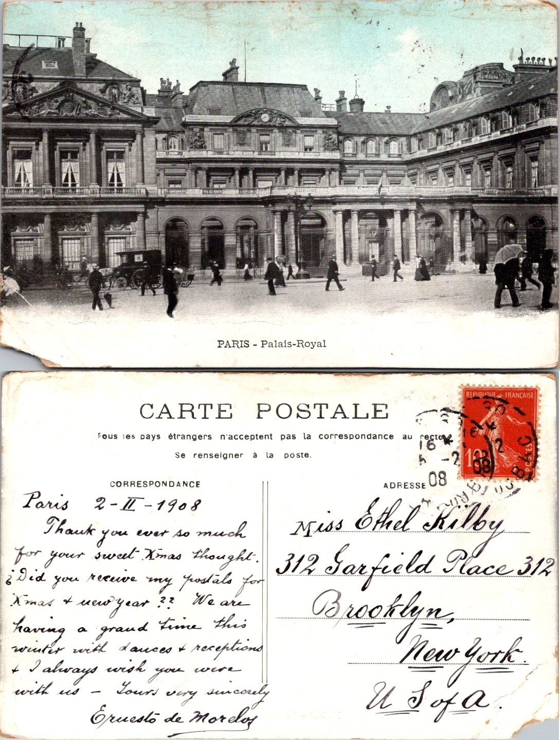 Postcard of Palais-Royal in Paris with  Postmark