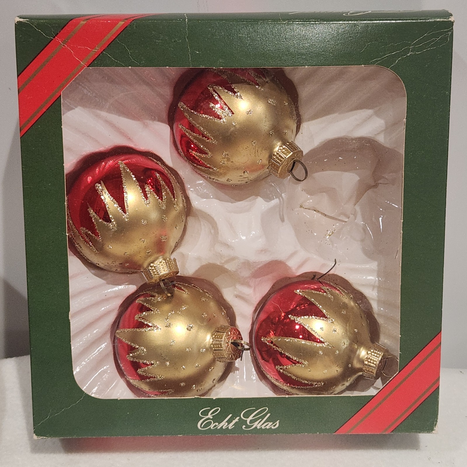 Vintage 1980s THURINGER Christmas Ornaments Red Gold Echt Glass GERMAN Set/4
