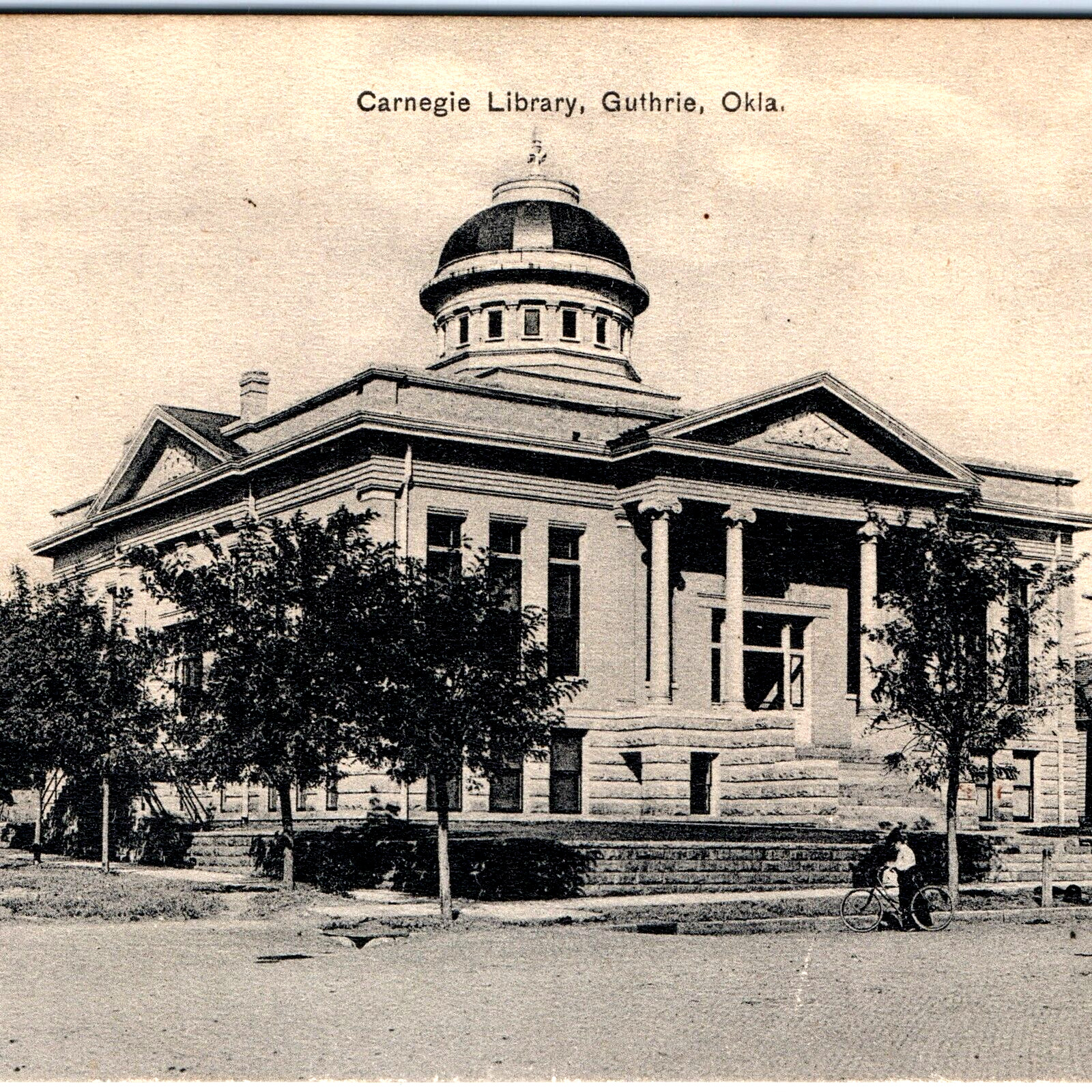 c1900s Guthrie, OK Carnegie Library Postcard Horse Carriage Girl Bicycle OK