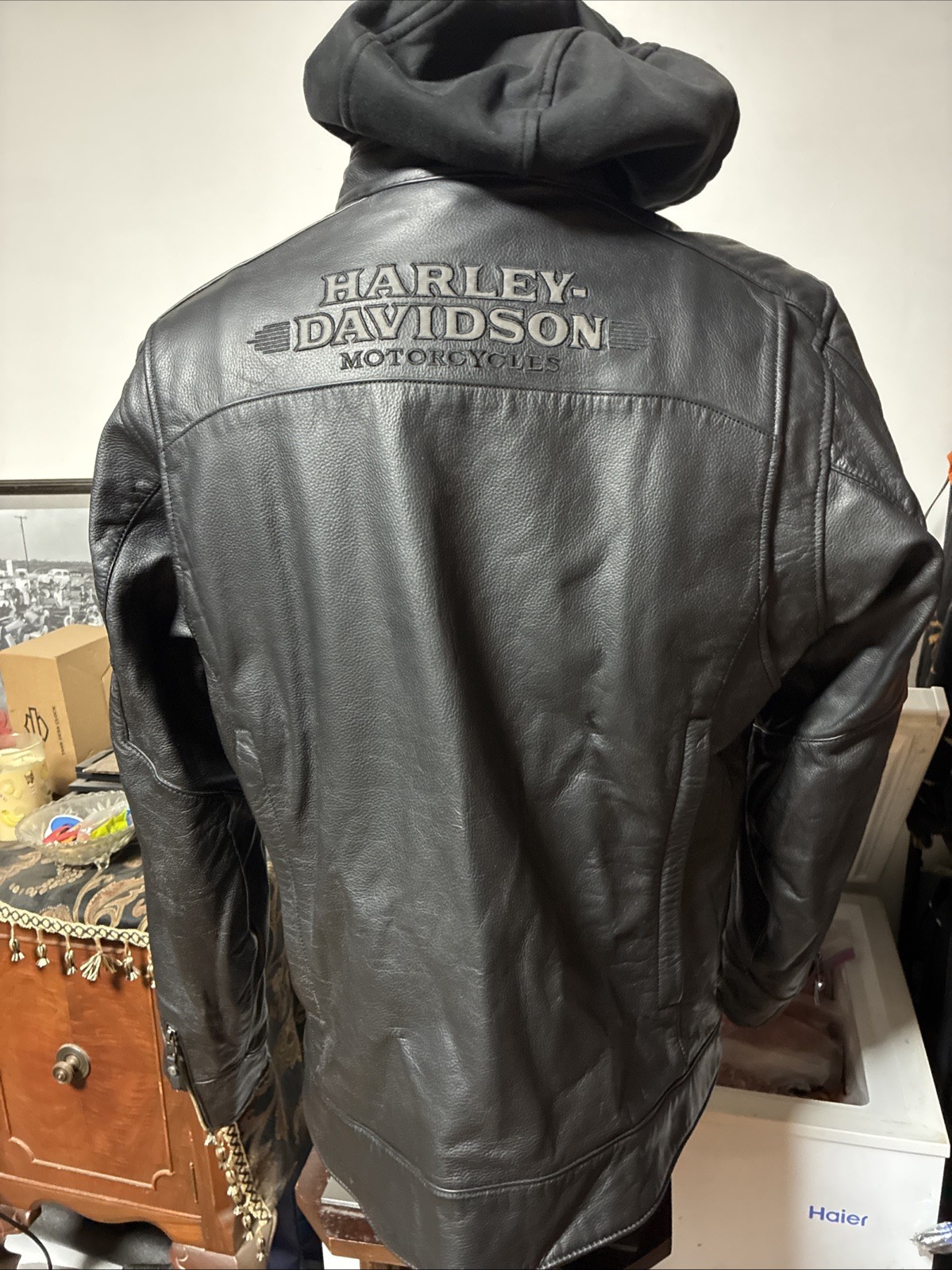 Harley-Davidson Swingarm 3-in-1 Leather Jacket XL 98045-19VM Black Hoodie EUC