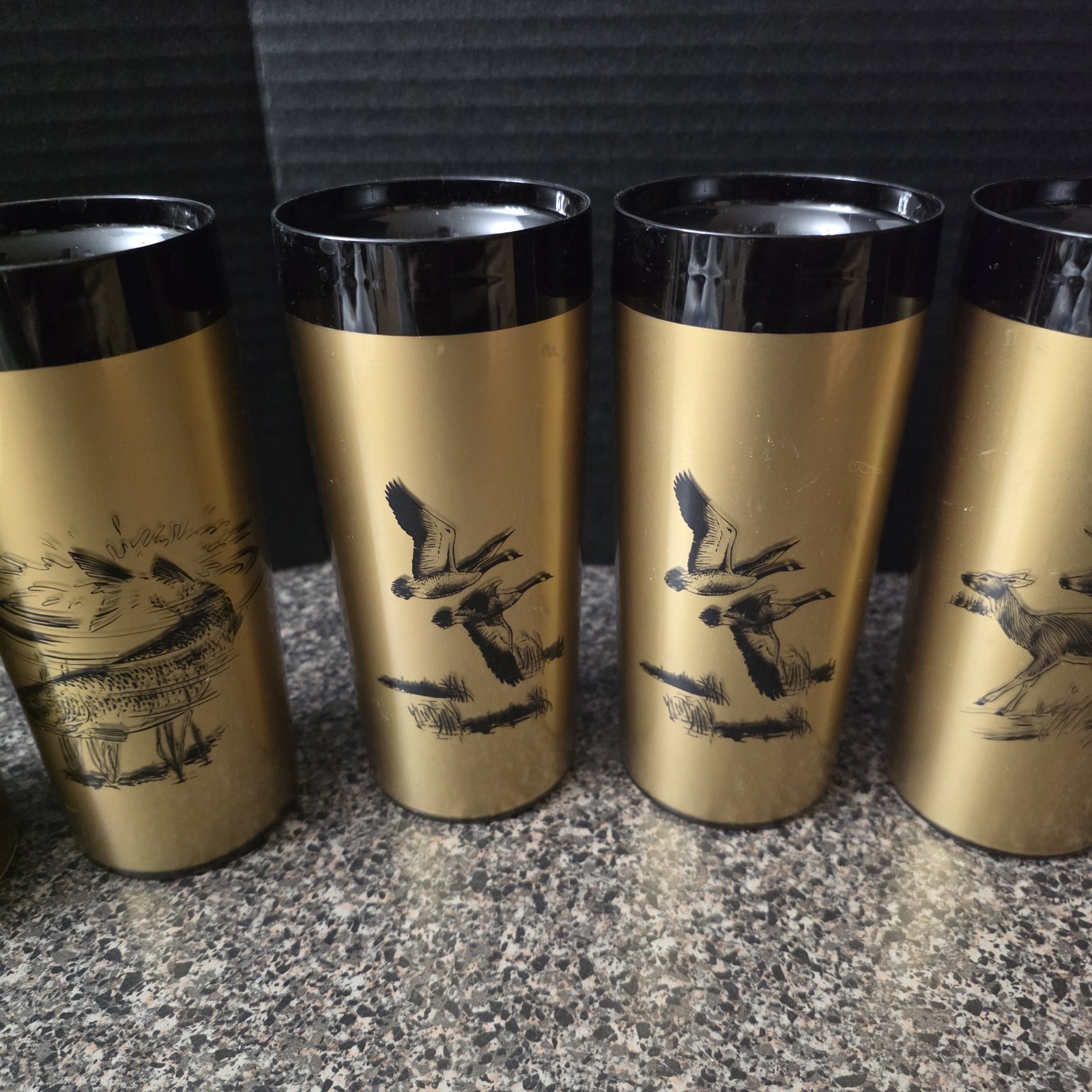 Vintage MCM Insulated Tumblers Set of 6 Gold Black Wildlife Made in USA NFC