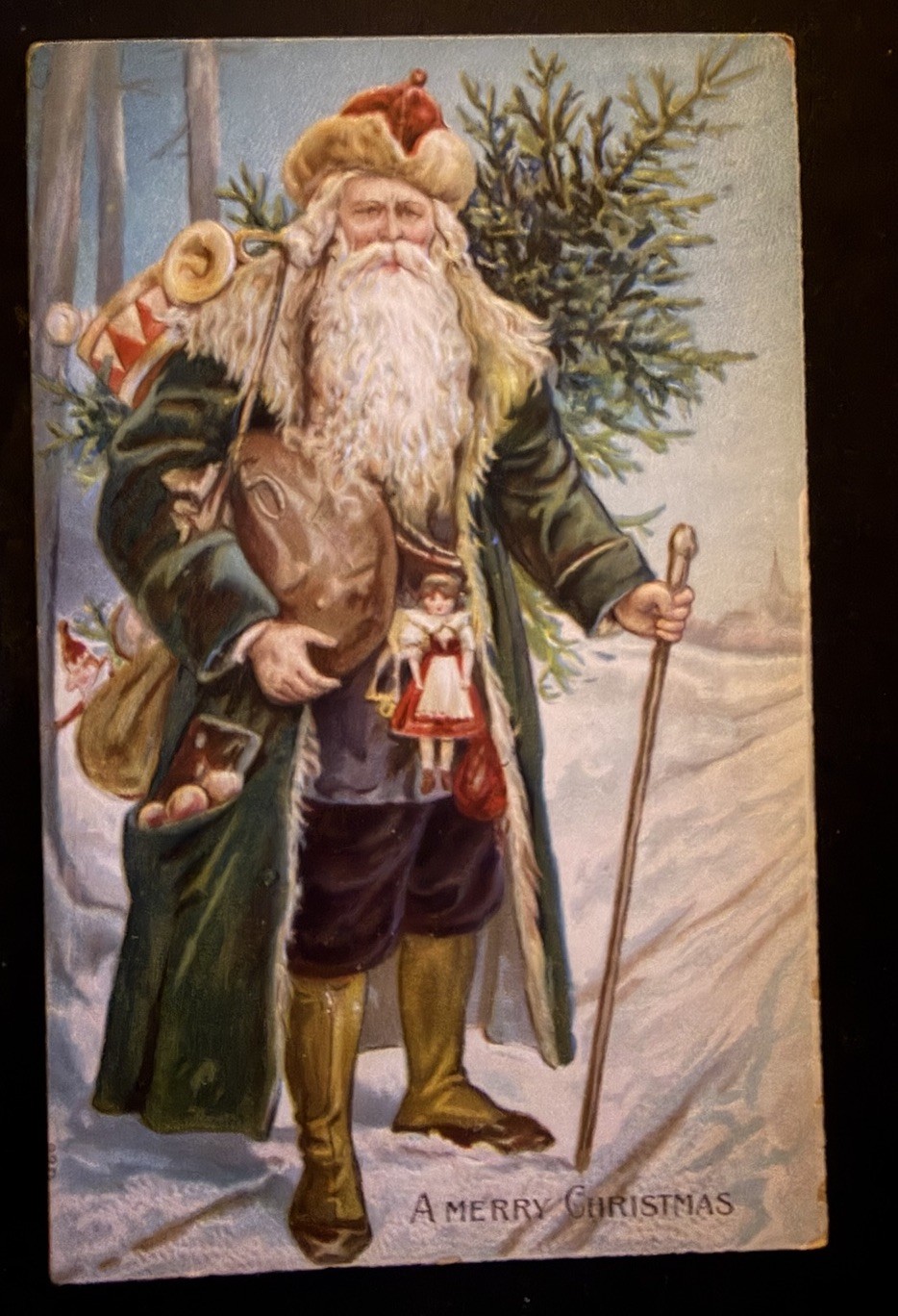 Long Green Robe~ Santa Claus with Tree~Toys~Antique~Christmas Postcard-s790