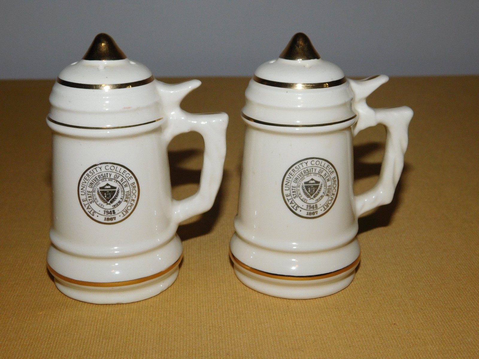 VINTAGE 1948 STATE UNIVERSITY COLLEGE BROCKPORT SUNY NY SALT & PEPPER SHAKERS