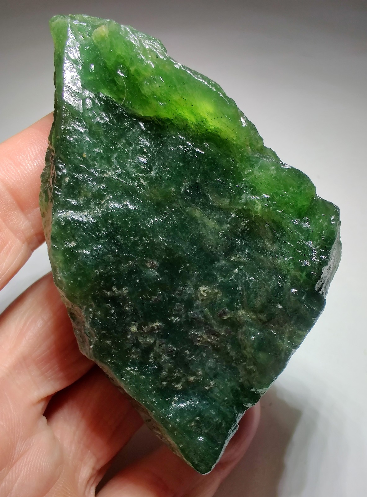 Nephrite Jade, translucent with vibrant green color. Pakistan. 235 grams.
