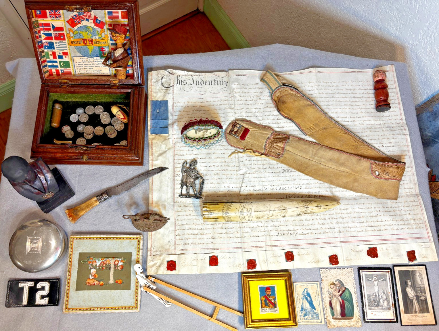 Junk Drawer Lot Vintage & Antiques 1803 velum indenture, money belt, Gumps box..