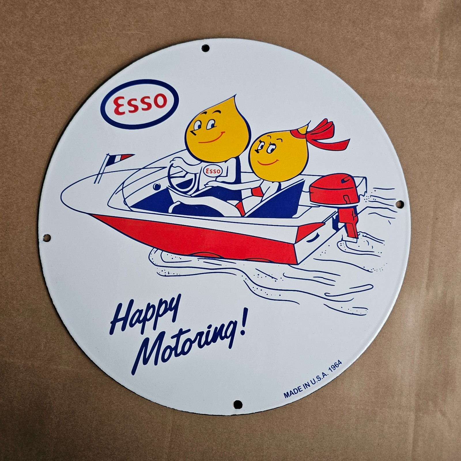 VINTAGE 1964 ESSO BOY GIRL SH OLD US GASOLINE OIL GAS PUMP ENAMEL PORCELAIN SIGN