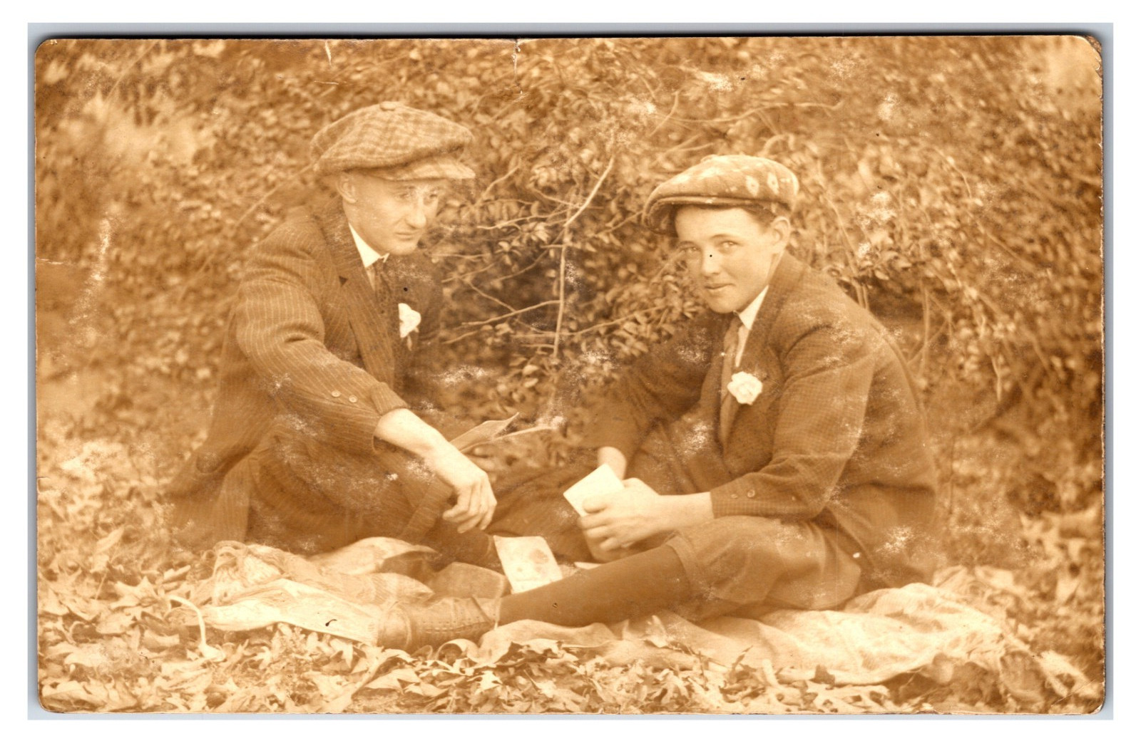 Antique Early 1910s Boys Sitting In The Woods Photo RPPC Postcard (UnPosted)