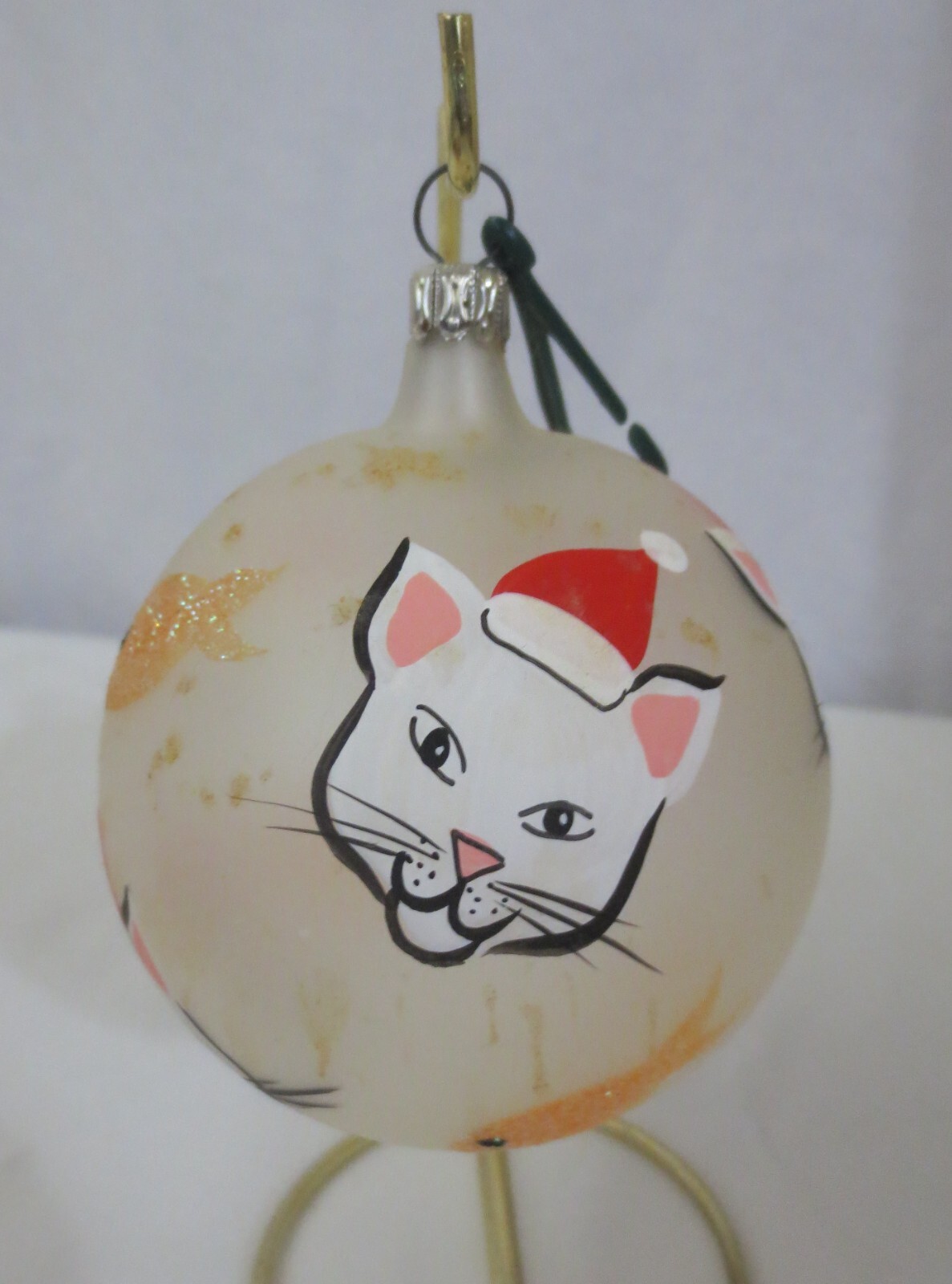 Vtg Italian White Cat Goldfish Glass Handpainted Christmas Ornament Italy
