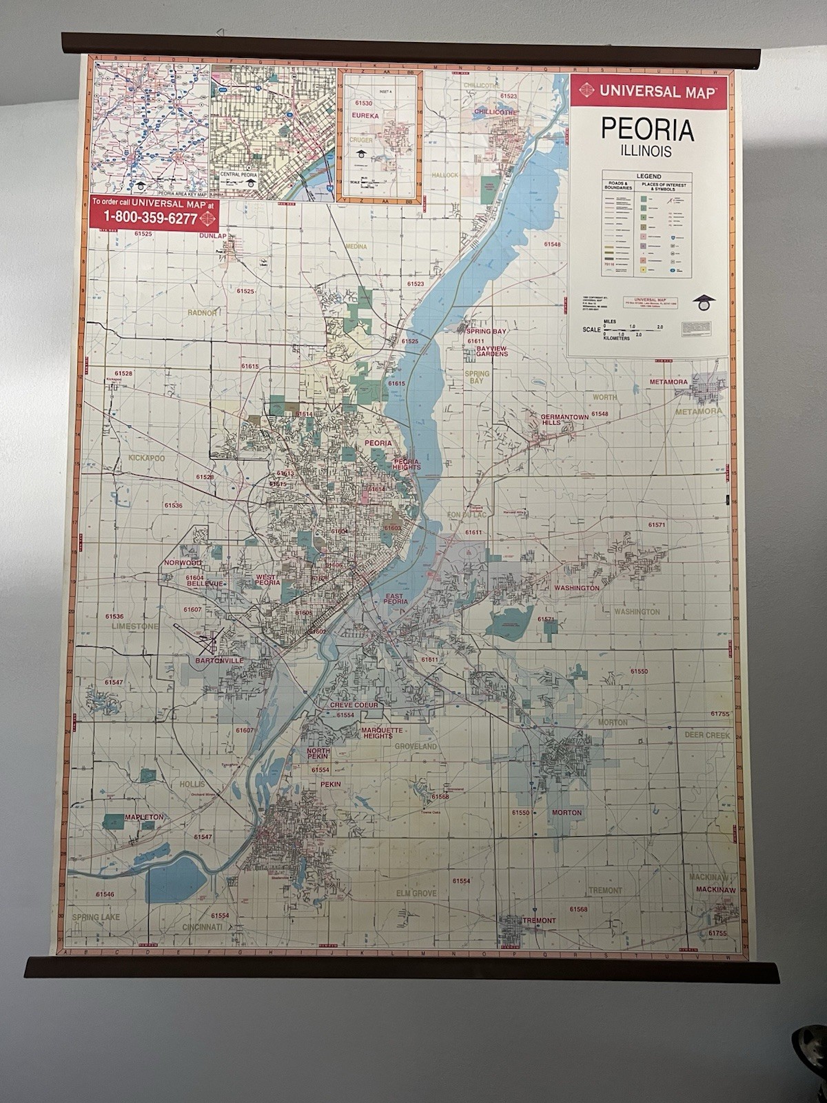 Peoria, IL  1996 Hanging Wall Map 46” X 60” Universal Map