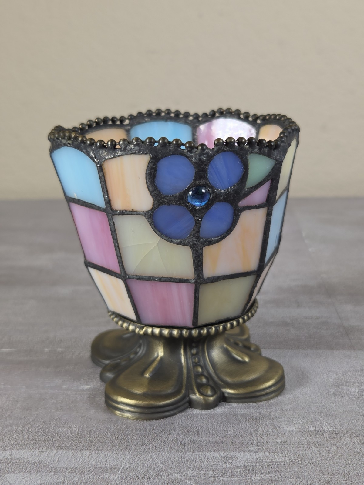 Vintage PartyLite Floral Stained Glass Votive Tea Light Candle Holder ~4” - Read