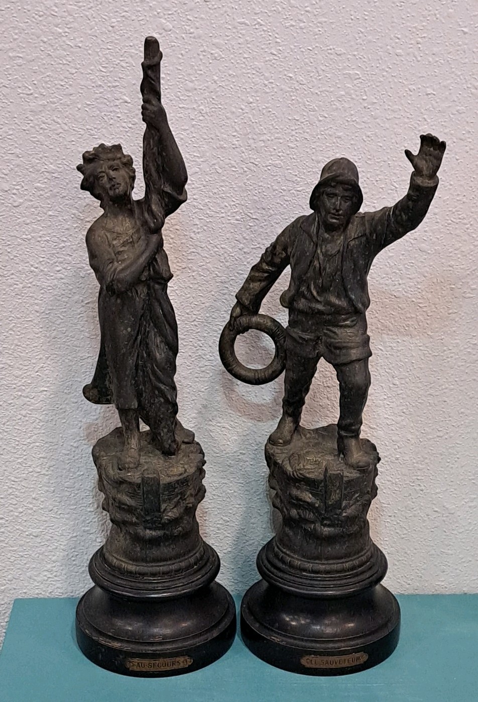 Antique French Spelter Statue Pair Au Secours & Le Sauveteur Fisherman Rescue