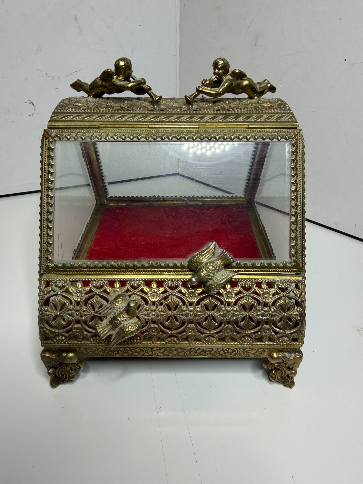 Vintage Ormolu Trinket Box w/ Cherubs and Birds and Beveled Glass