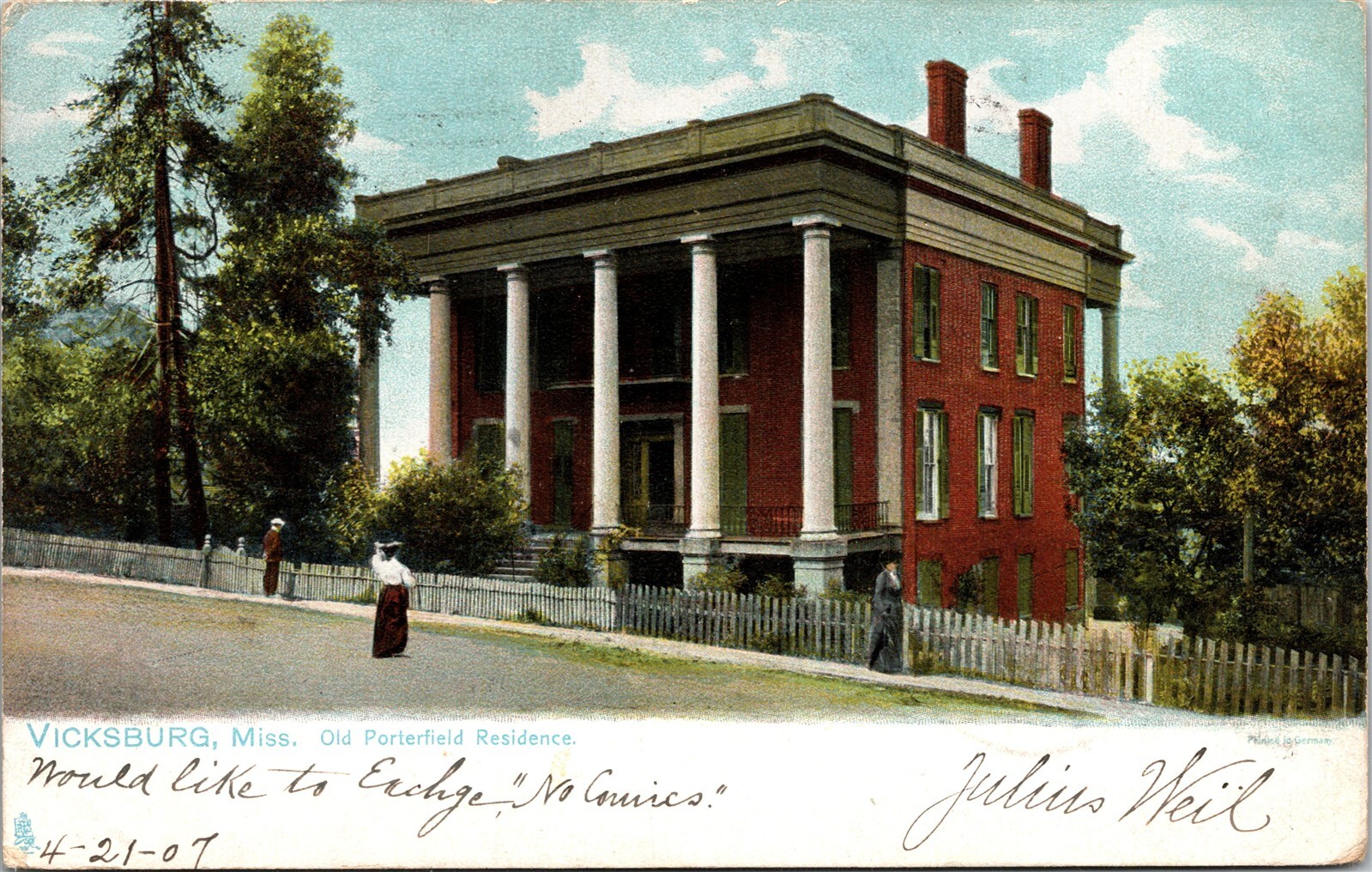 Postcard Mississippi Vicksburg Old Porterfield Residence Raphel Tuck 1907 V76