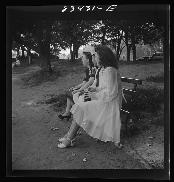 Photo:1930s Girls on Bench Park Scene Black Dress White Dress Trees