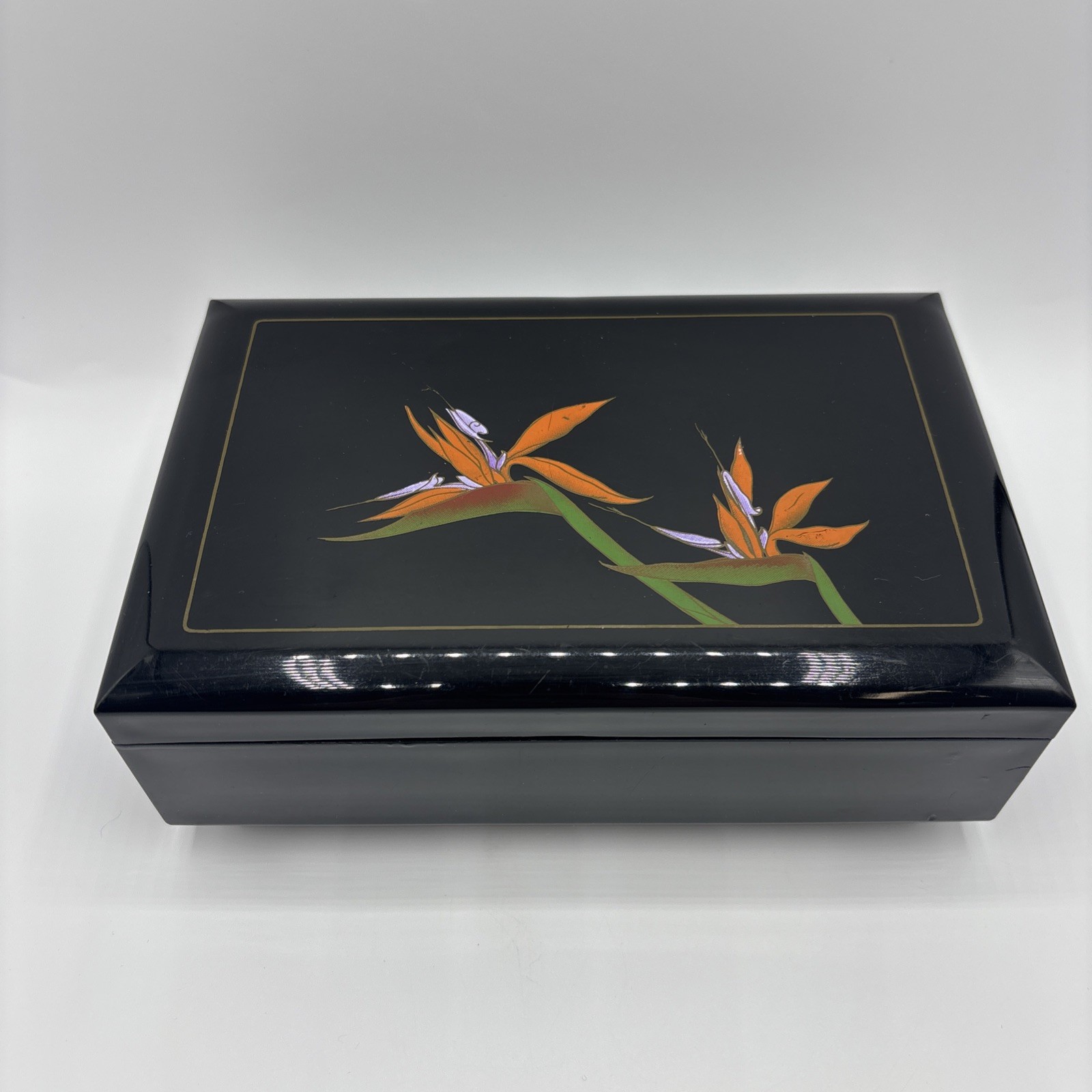 VTG Japanese Black Lacquer Mirror Music Box Bird of Paradise Red - Made in Japan
