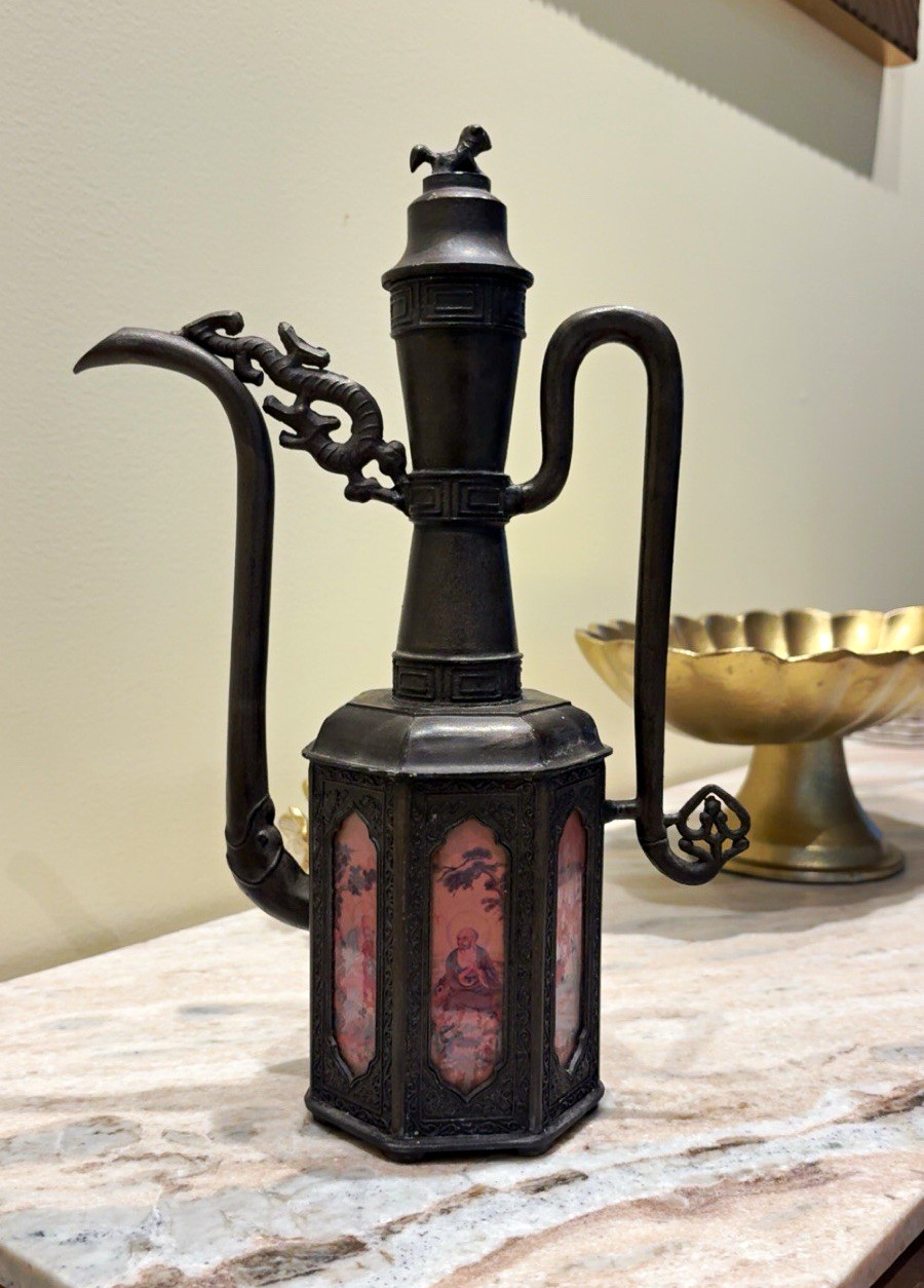 Vintage Chinese Pewter Teapot 6 Hand Painted Glass Panels Qing Dynasty 645