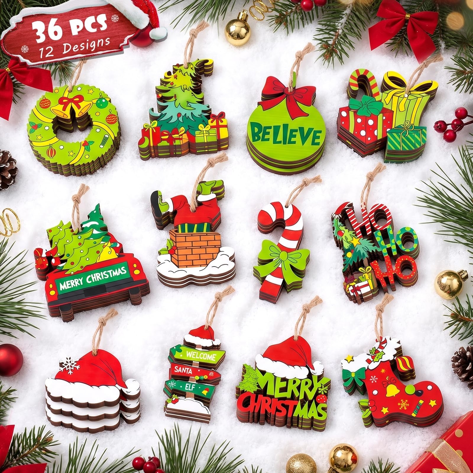 36 Pcs Wooden Christmas Tree Ornaments, Festive Hanging Decorations for Holiday