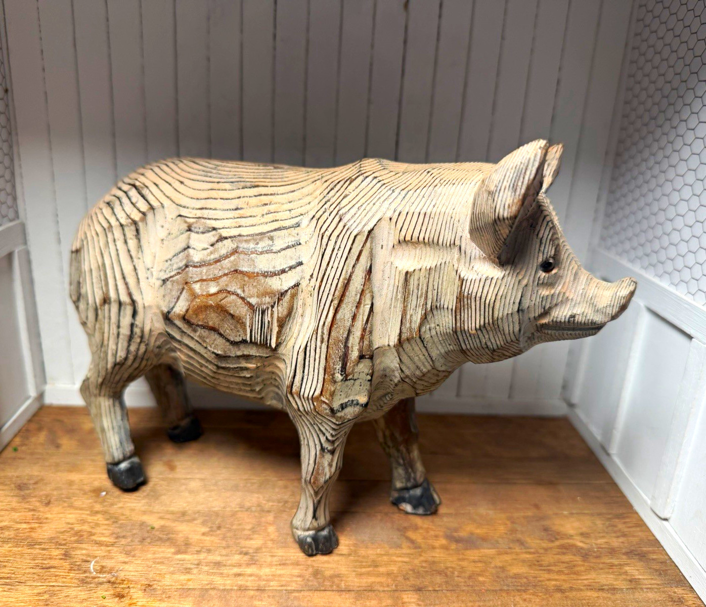 Carved Wooden Pig Figurine Statue Rustic Farmhouse folkart decor 