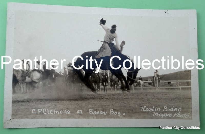 c1922 RPPC Photo Postcard Rawlins Wyoming Rodeo Clemons Riding Bacon Boy Horse