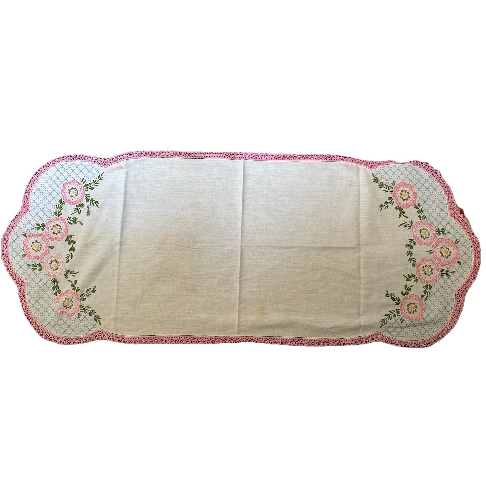 Vintage Hand Embroidered Pink Floral Crochet Edge Dresser Cloth 15” x 37”