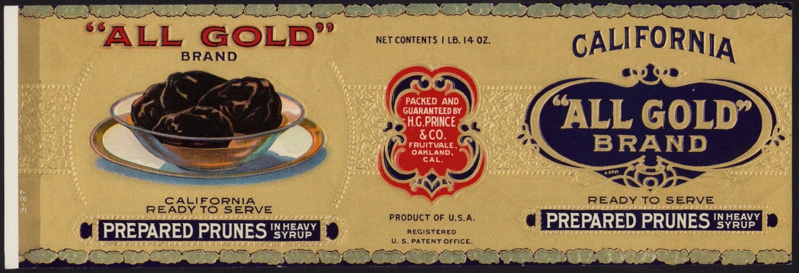 ALL GOLD BRAND vintage can label PRUNES 1920s embossed metallic gold H.G. Prince