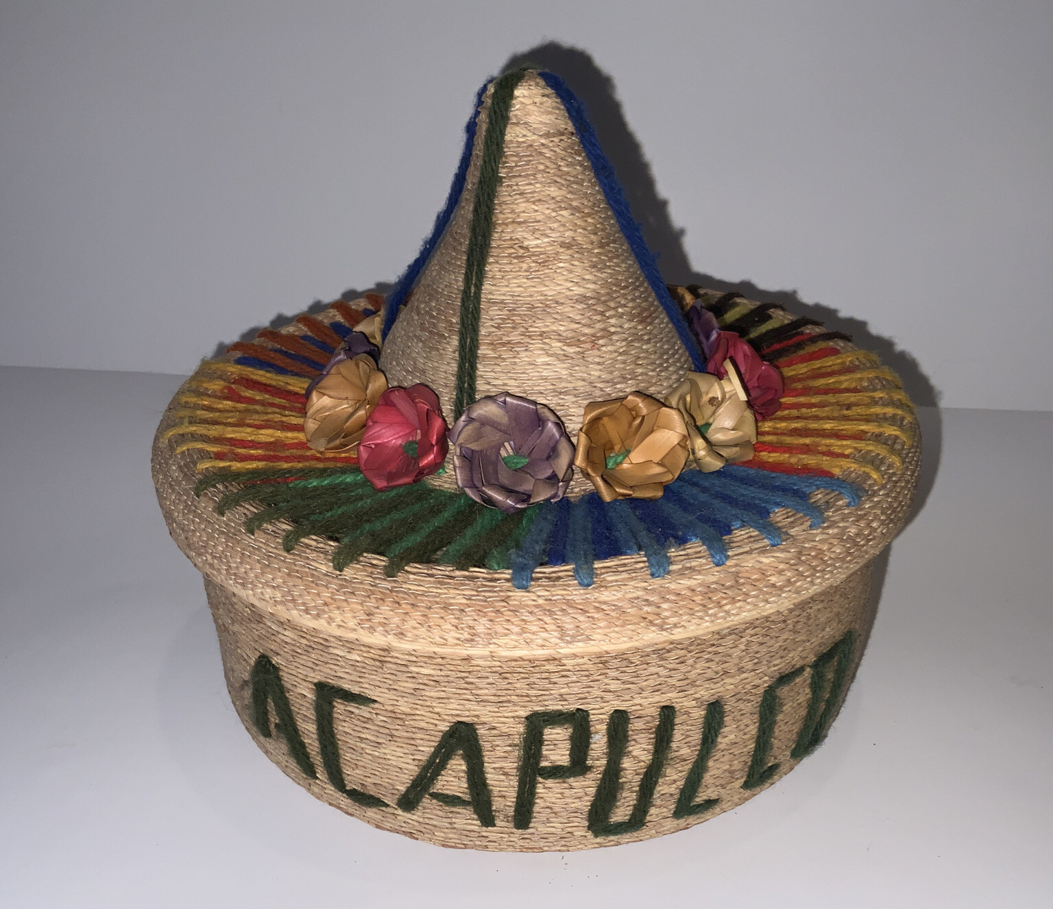 Vintage Acapulco Basket Mexican Sombrero & Flowers Hand Woven