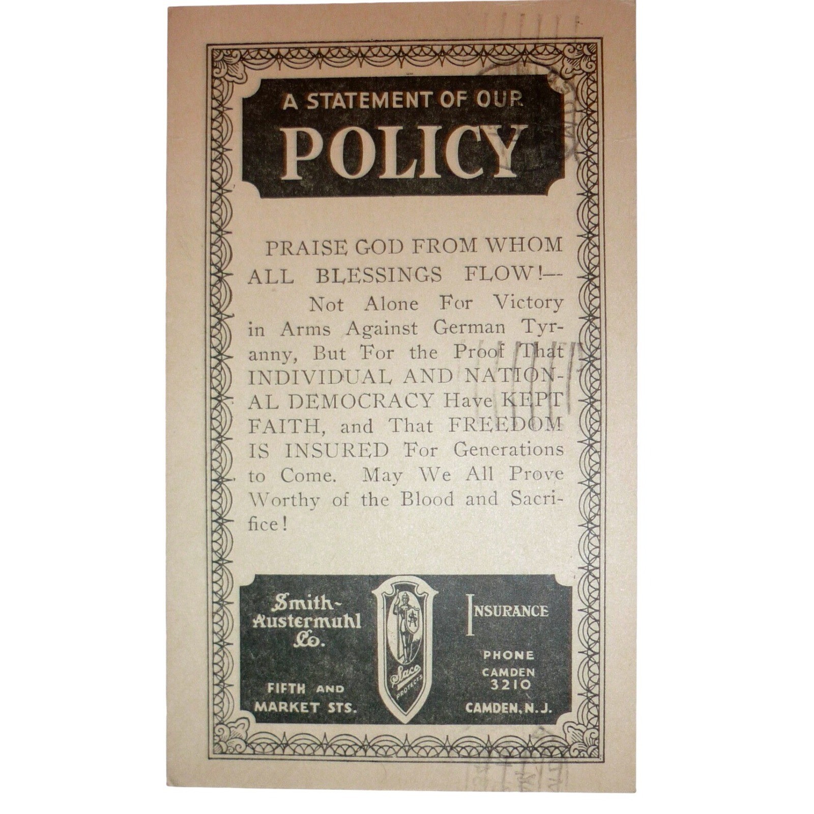 1945 Smith-Austermuhl Insurance WWII Postcard Camden NJ 1c Jefferson Stamp