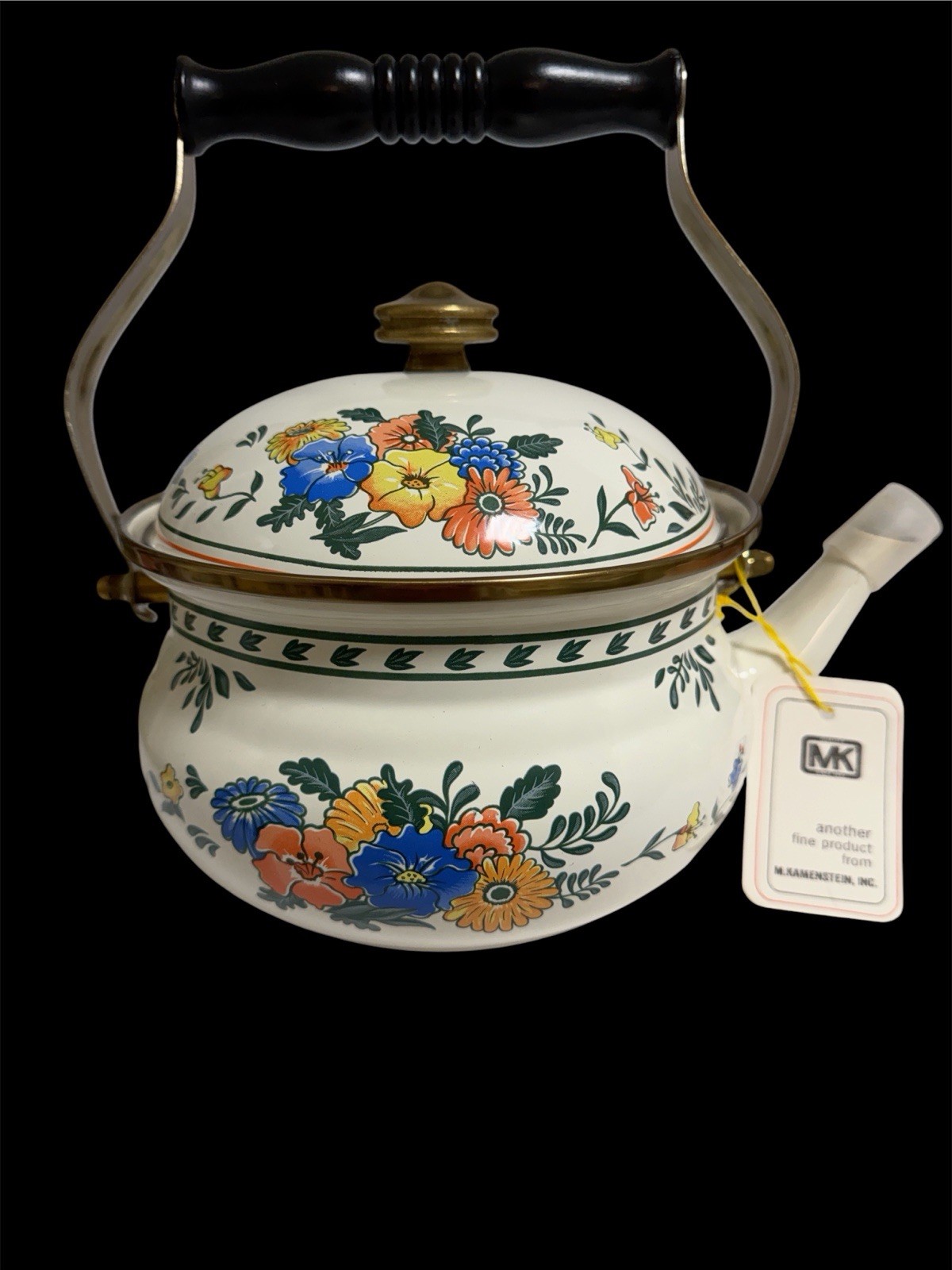 Vtg 1971 M. Kamenstein Inc NY Floral Enamel on Steel Tea Kettle Cottagecore NWT