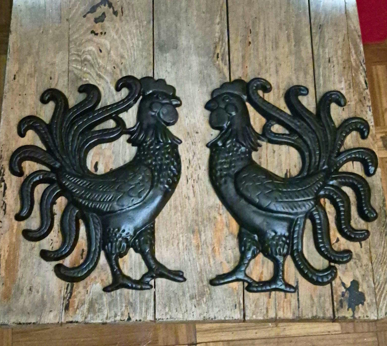 2 Vintage Cast Iron Wall Hanging Roosters