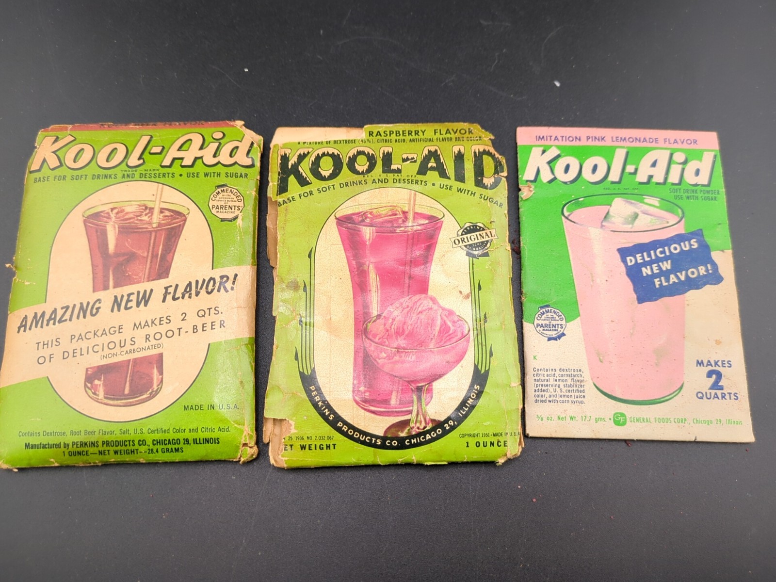 Three Vintage 1950s Kool-Aid Drink Root Beer Raspberry Pink Lemonade Packages