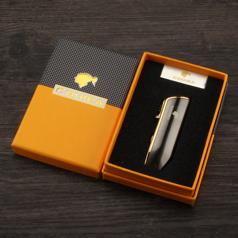 Gray Cigarette Cigar Lighter With Punch Windproof 3 Jet Blue Flame Torch Gift