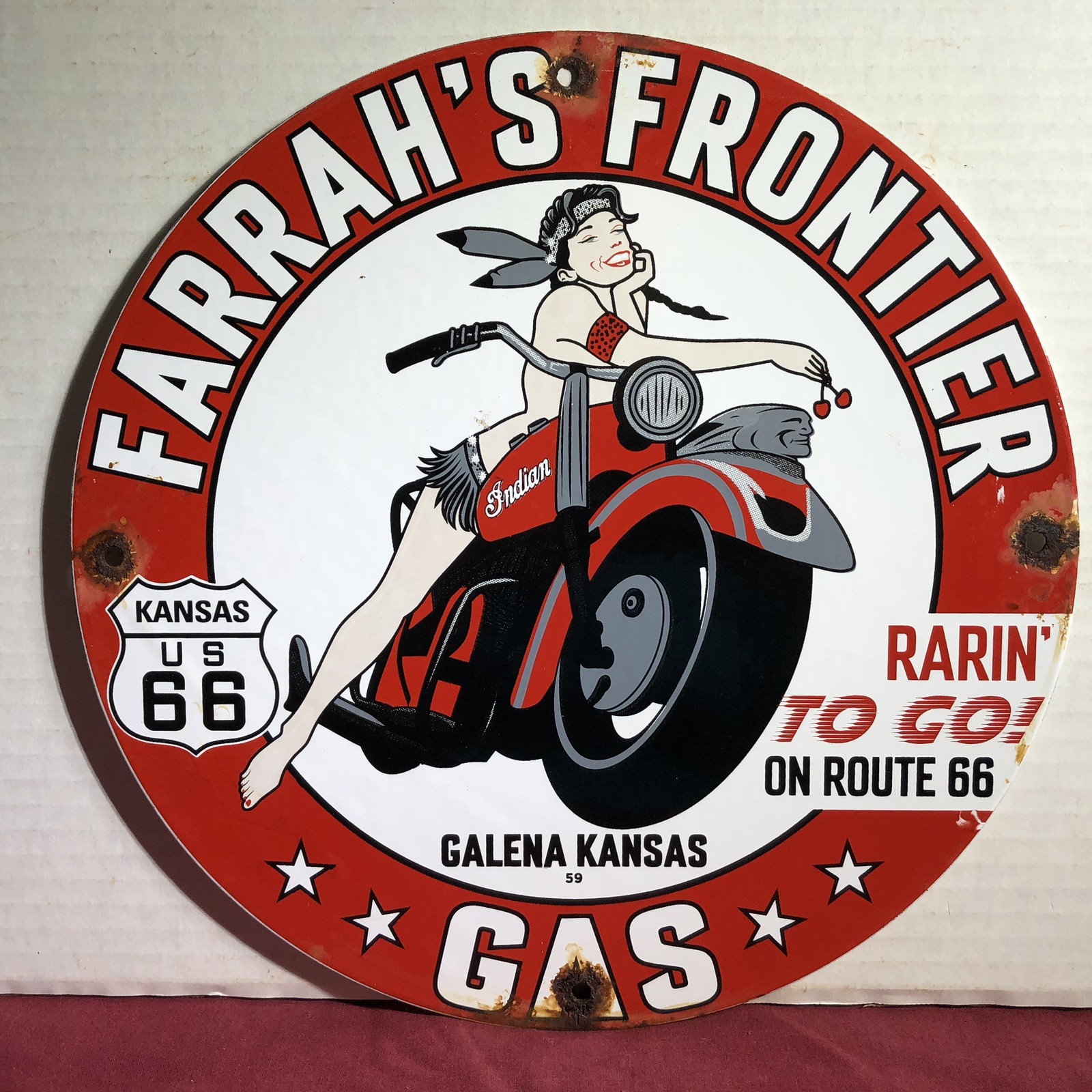 VINTAGE 1959 DATED FARRAH’S FRONTIER GASOLINE PORCELAIN SIGN GAS RARIN’ TO GO