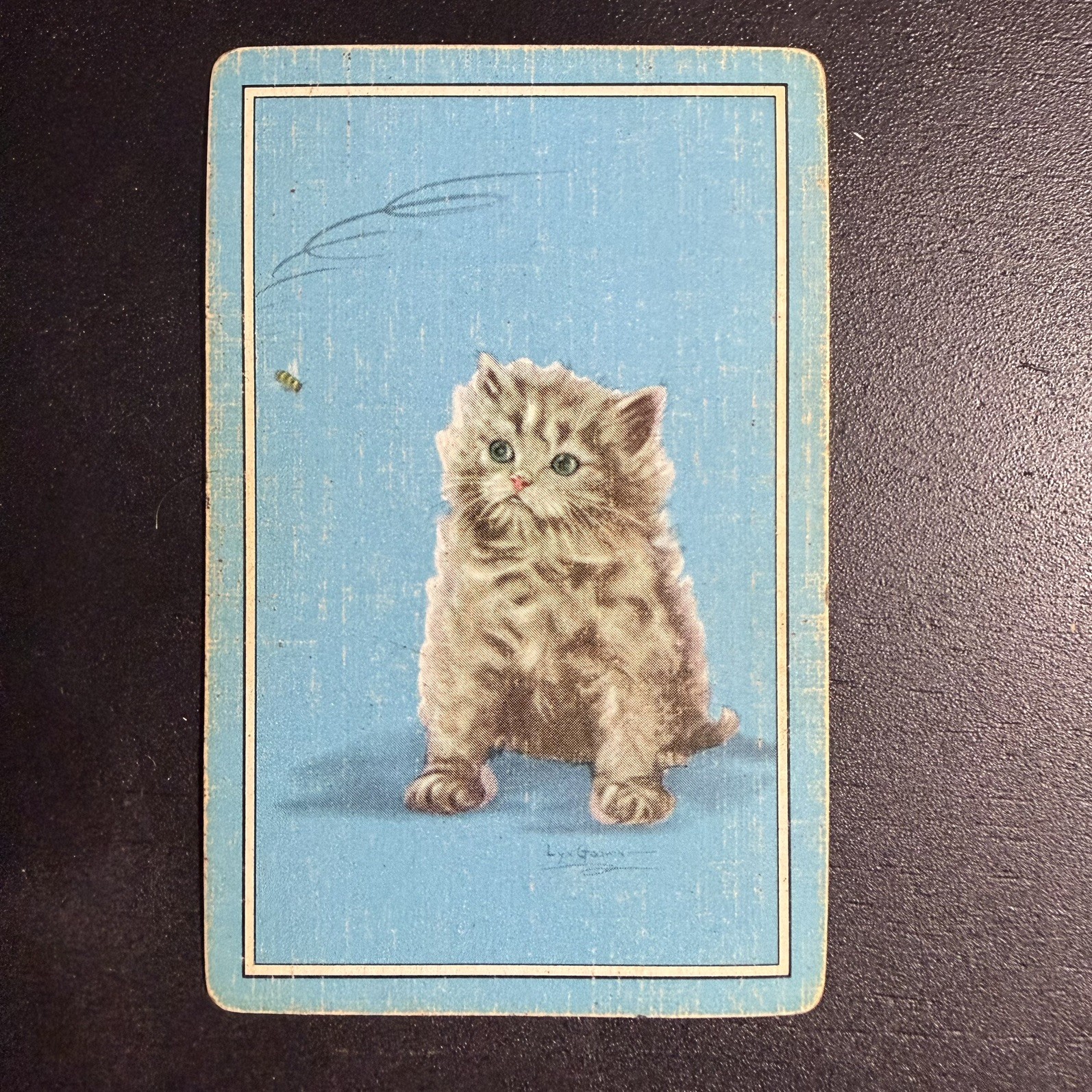 Kitten & Bee / Kitty Cat Single Swap Playing Card, Blue -c. 1930s (Linen)