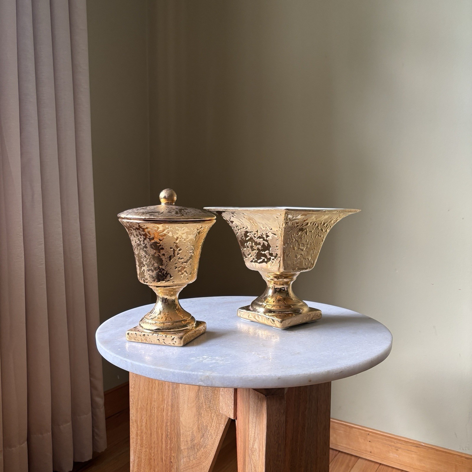 Vintage Weeping Gold Ceramic Textured Pedestal lidded Urn & Vase Stanfordware