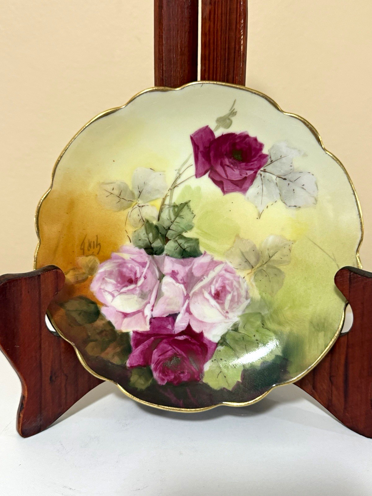 Antique Jul H Brauer Hand Painted Porcelain Plate Artist Signed Pink Roses 6” 
