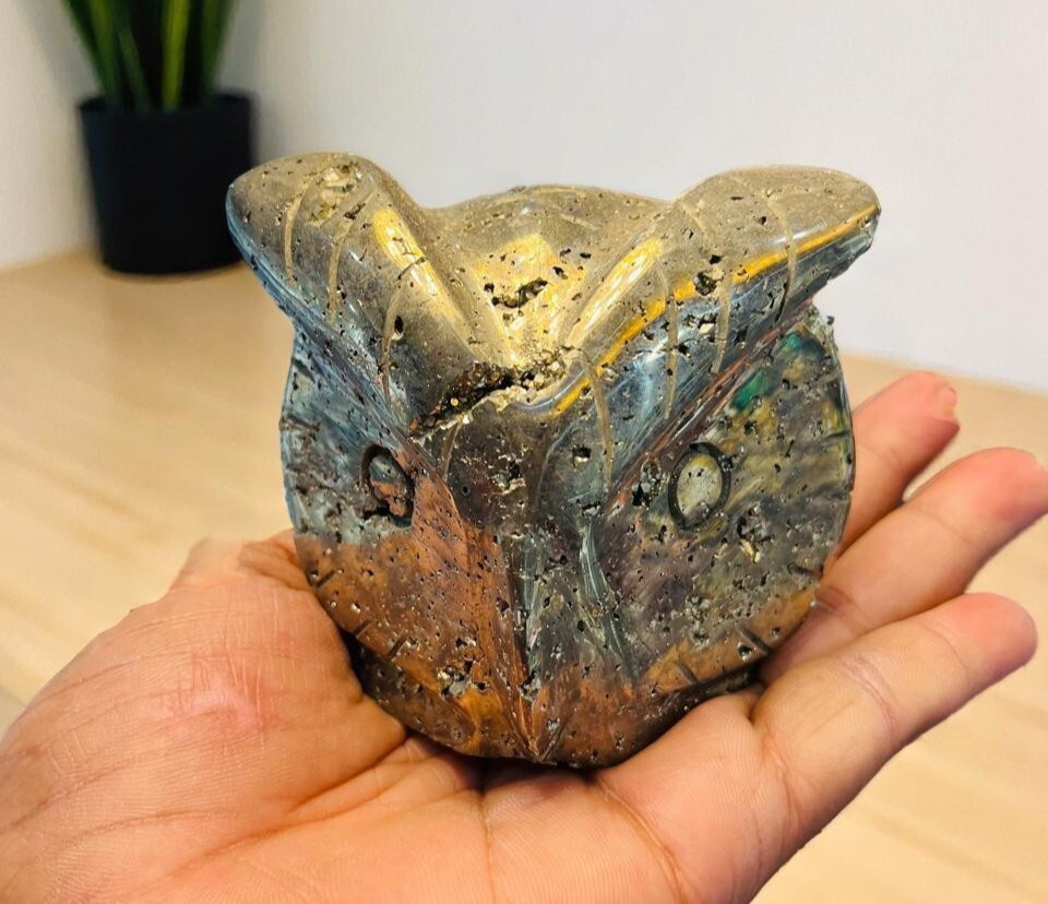 Peru Pyrite Druzy Owl Head Carving 4x3\