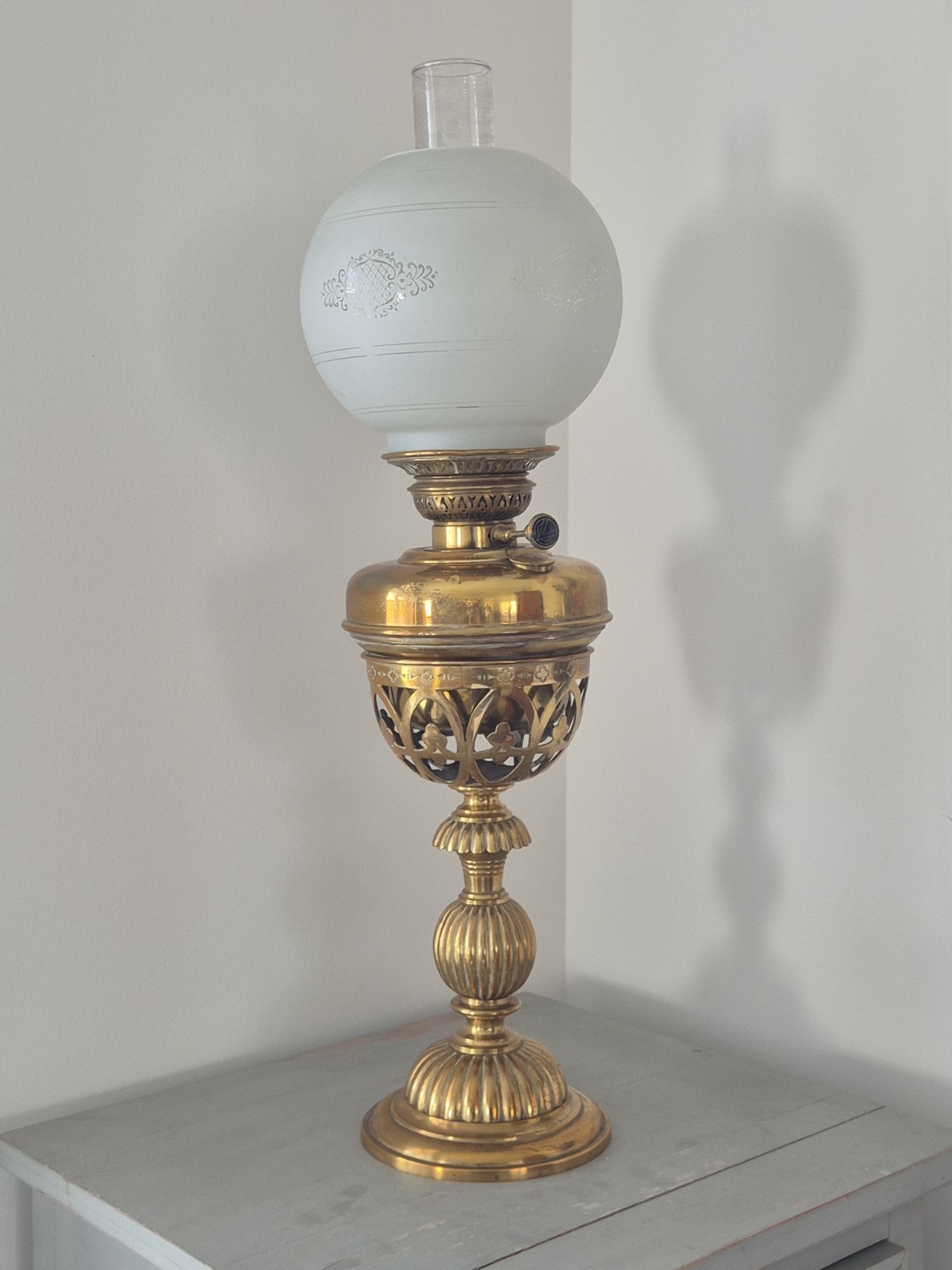 Antique Oil Lamp, Brass Veritas Lamp Works Burner, White Globe Glass Shade 67cm