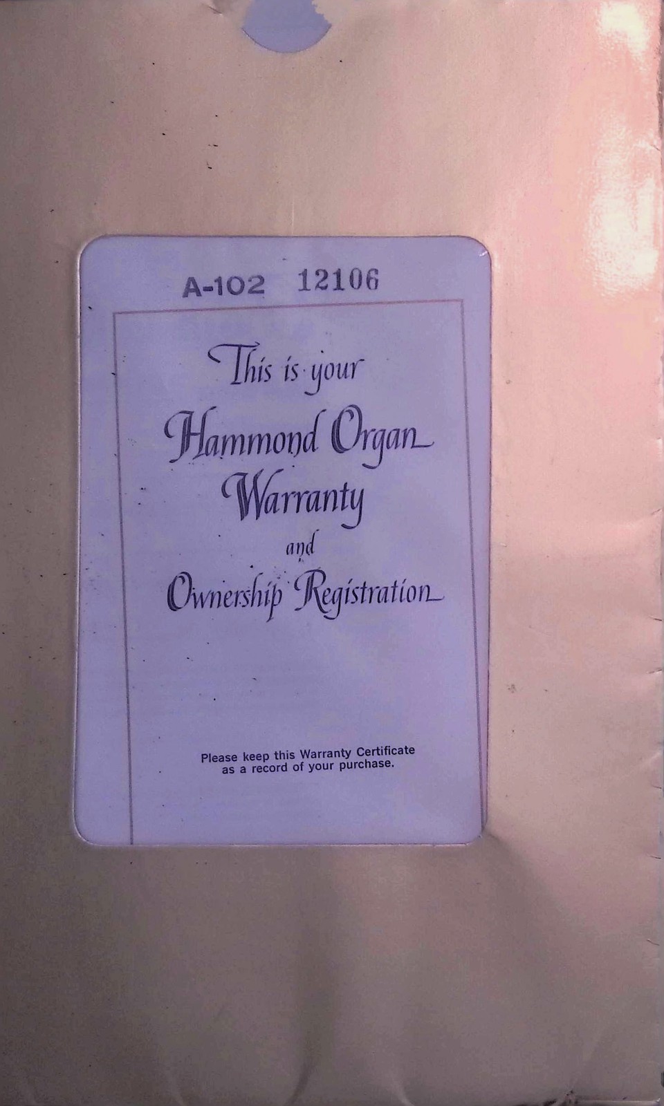 Hammond Organ Co A-102 Warranty Cert Serial 12106 1950s Sorensen AD-23564