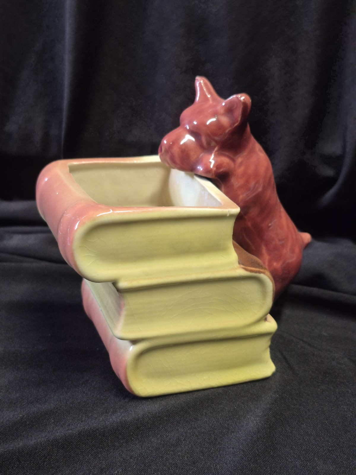 Vintage 1950s Scottie Dog Stack of Books Ceramic Planter Desk Caddy Terrier 5”