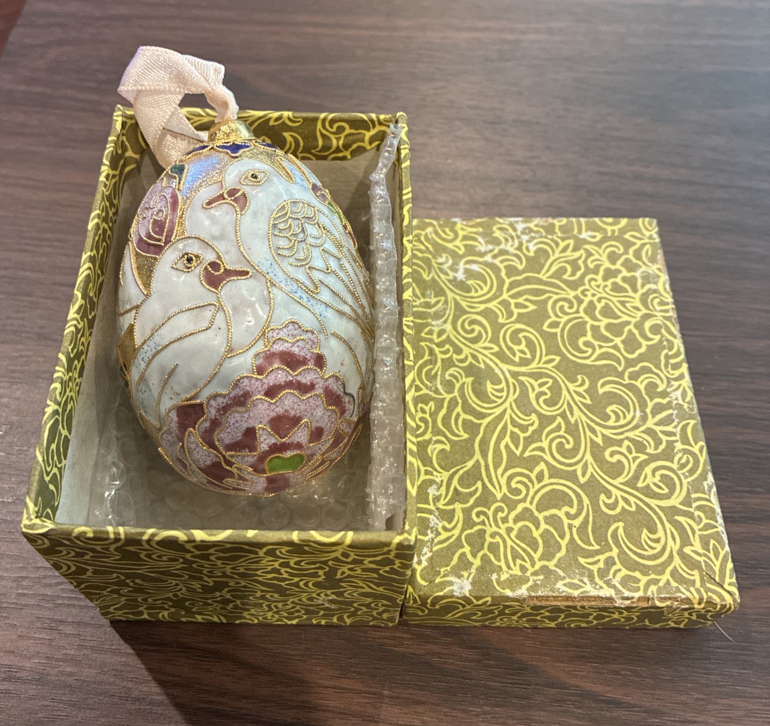 Vtg NYCO Cloisonne Enamel Egg Ornament White Doves Love Birds Original Box Set