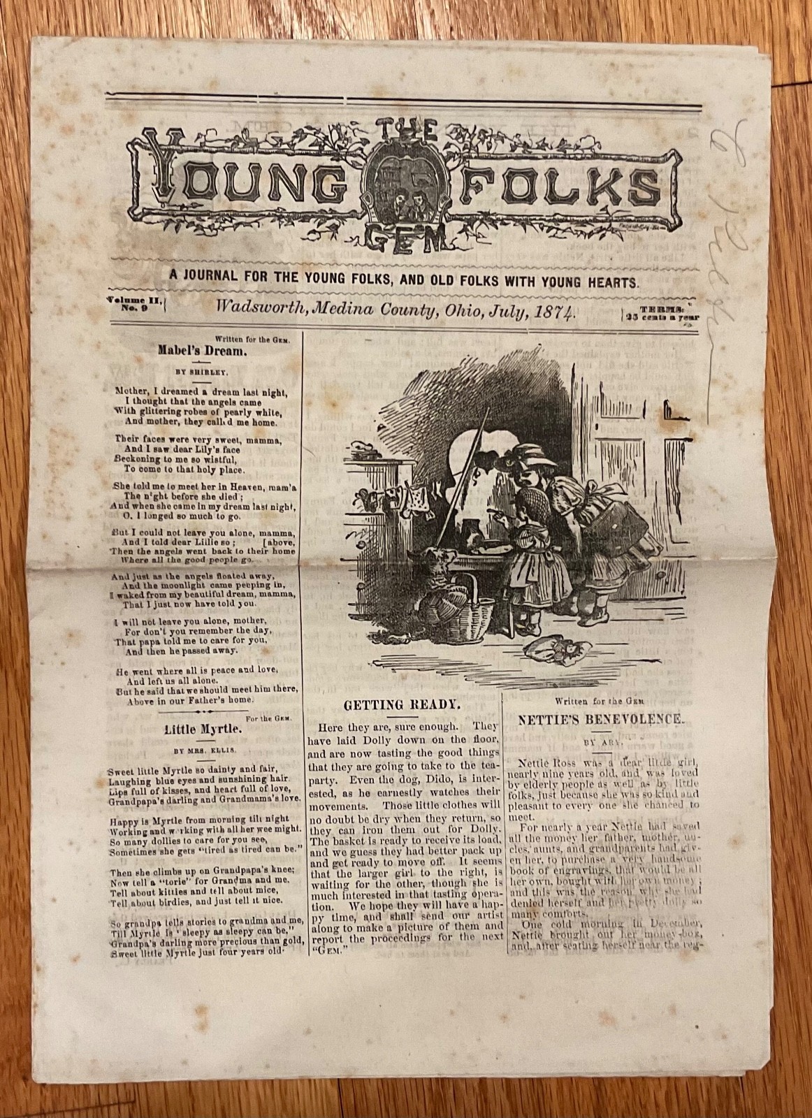 RARE VICTORIAN, 1874 CHILDREN’S PERIODICAL NEWSPAPER “THE YOUNG FOLKS GEM” OHIO