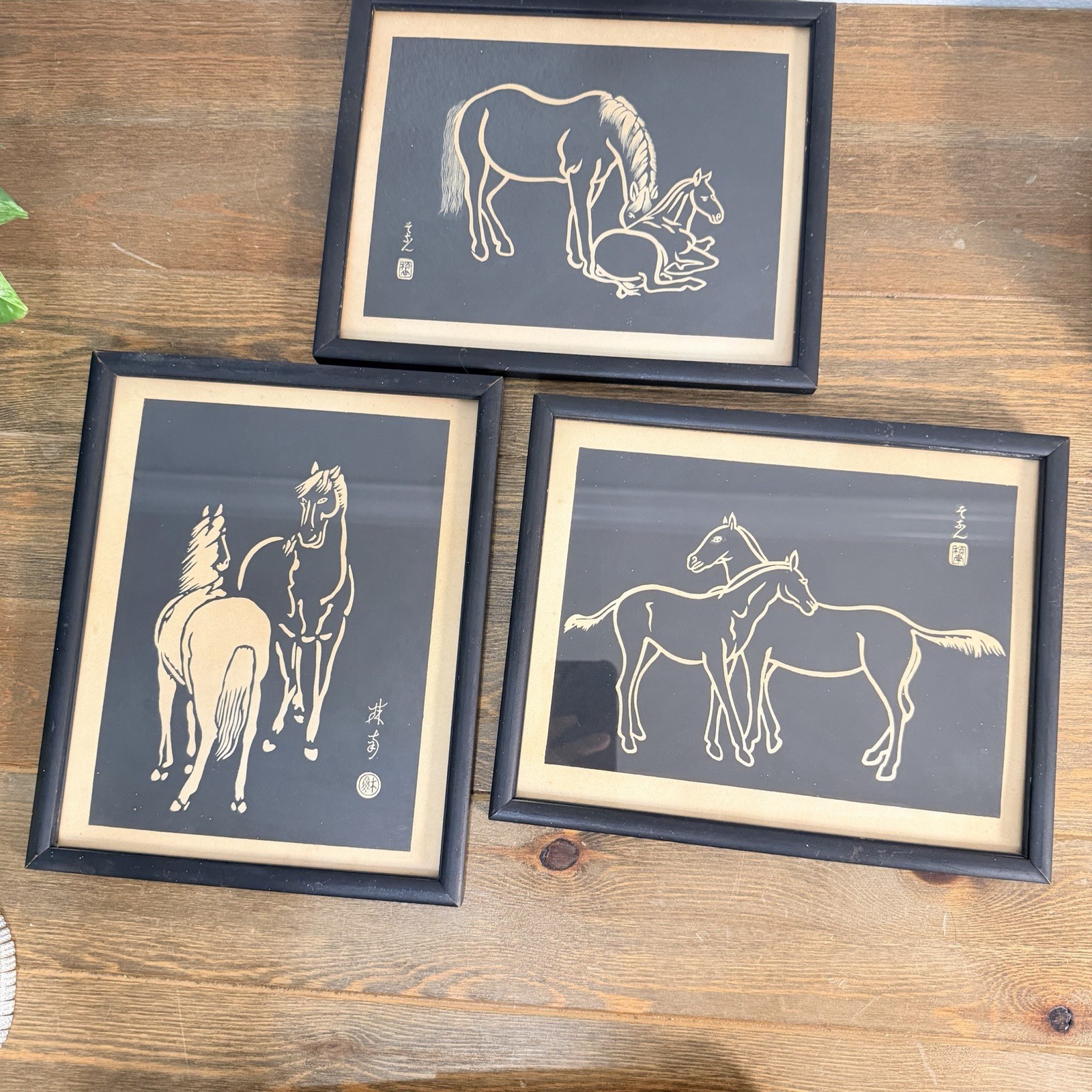 Horses Sonan Noda Woodblock Prints Black White Mid Century Set Of 3 RARE