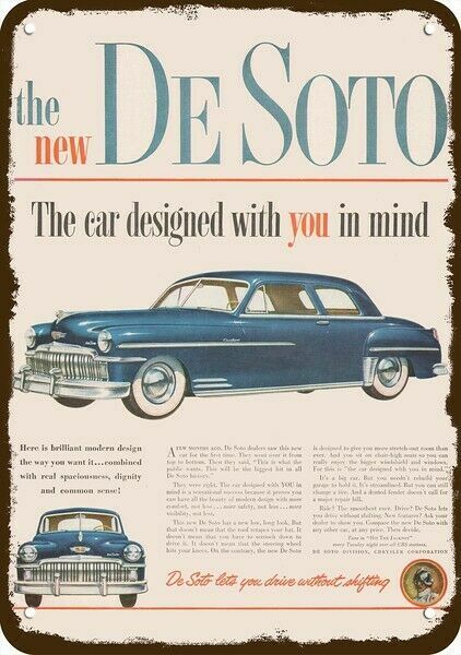 1949 DeSOTO CUSTOM 2-Door Blue Car w Whitewalls Vintage Look DECORATIVE METAL SI