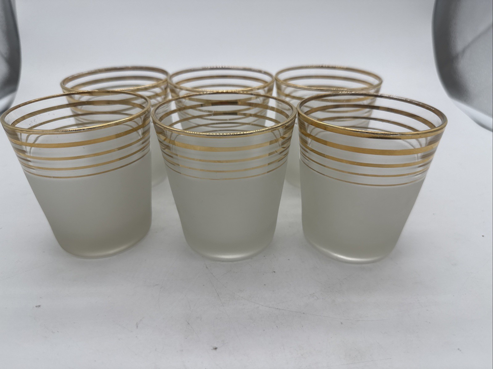 Vintage Mid Century Modern 1960's Frosted Gold Rimmed Glasses Set Of 6
